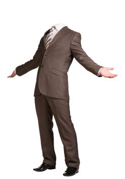 Businessman in suit without head, spread his arms to sides. Isolated on white background