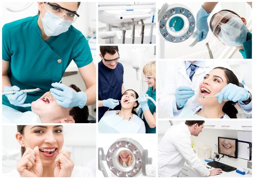 Dentist collage with different views at stomatology clinic