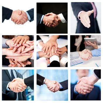Collage of business deals and team work efforts