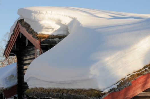 Cottage with melting snow on the roof