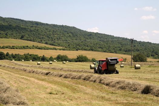 Tractors on field collected hay and make the packages