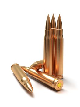 Composition of several shiny brass rifle bullets over white background