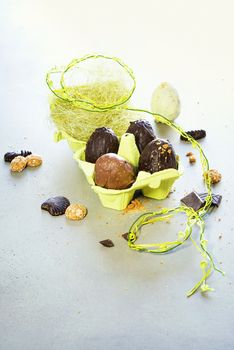 Easter eggs on wooden table. Holiday background