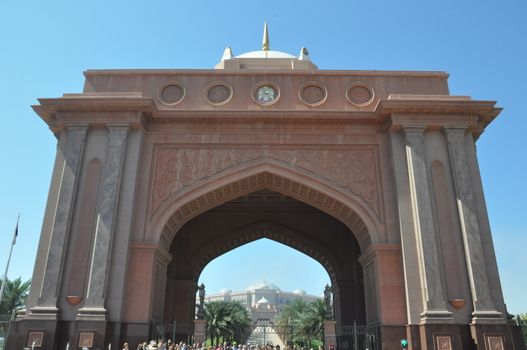 Entrance to Emirates Palace Hotel in Abu Dhabi, UAE. It is a seven star luxury hotel and has its own marina and helipad.