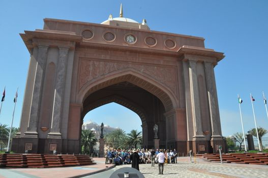 Entrance to Emirates Palace Hotel in Abu Dhabi, UAE. It is a seven star luxury hotel and has its own marina and helipad.