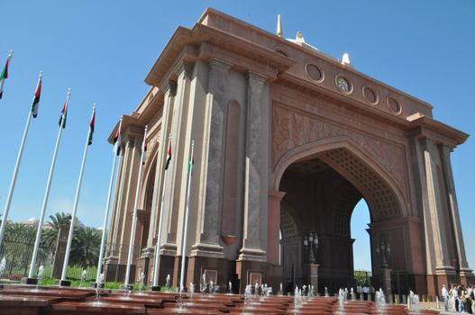 Entrance to Emirates Palace Hotel in Abu Dhabi, UAE. It is a seven star luxury hotel and has its own marina and helipad.