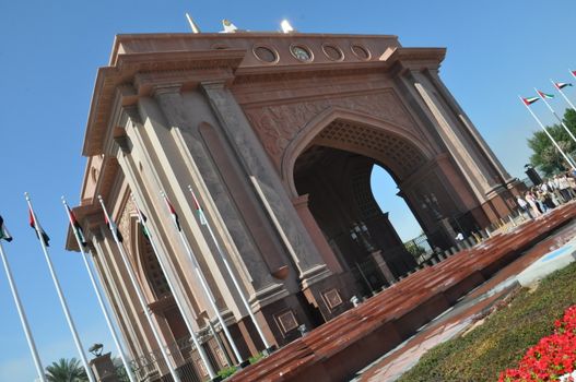 Entrance to Emirates Palace Hotel in Abu Dhabi, UAE. It is a seven star luxury hotel and has its own marina and helipad.