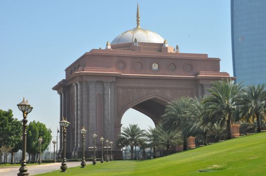 Entrance to Emirates Palace Hotel in Abu Dhabi, UAE. It is a seven star luxury hotel and has its own marina and helipad.