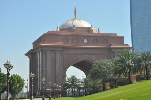 Entrance to Emirates Palace Hotel in Abu Dhabi, UAE. It is a seven star luxury hotel and has its own marina and helipad.