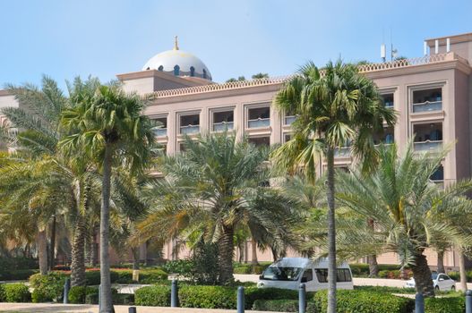 Emirates Palace Hotel in Abu Dhabi, UAE. It is a seven star luxury hotel and has its own marina and helipad.