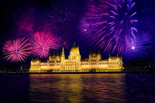 Fireworks and Hungarian parliament, Budapest