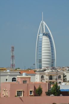 Burj Al Arab in Dubai, UAE. It is built on an artificial island, is considered a 7-star hotel and is the fourth tallest hotel in the world.