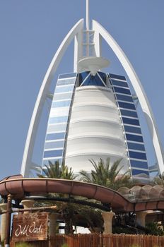 Burj Al Arab in Dubai, UAE. It is built on an artificial island, is considered a 7-star hotel and is the fourth tallest hotel in the world.