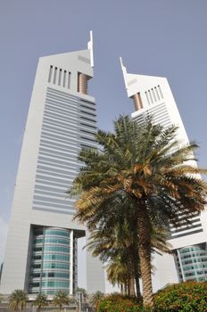 Emirates Towers in Dubai, United Arab Emirates (UAE). The complex contains the Emirates Office Tower and Jumeirah Emirates Towers Hotel, rising to 355 m and 309 m, respectively.