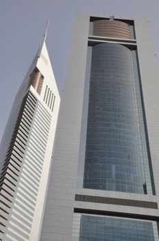 Emirates Towers in Dubai, United Arab Emirates (UAE). The complex contains the Emirates Office Tower and Jumeirah Emirates Towers Hotel, rising to 355 m and 309 m, respectively.