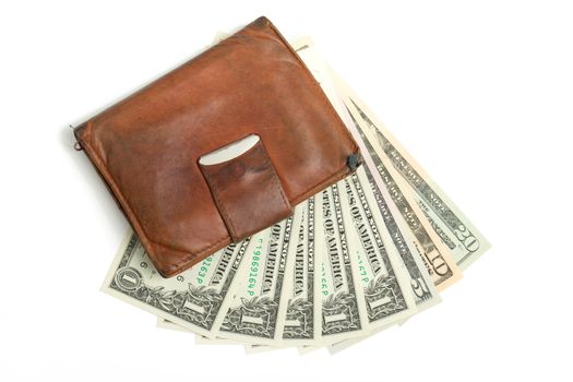 leather wallet with money banknotes US dolars nominal value one, five, ten and twenty isolated on white