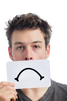 Unhappy Portrait of a Man Holding a Sad Mood Board Isolated on White Background