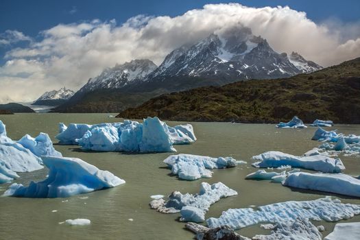 Icebergs from the Grey Glacier (in the far distance) in Grey Lake in the Southern Patagonian Ice Field in Torres del Paine National Park in southern Chile.
