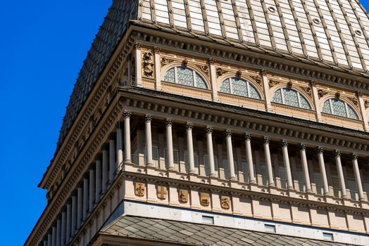 Detail of the Mole Antonelliana (1863-1889) in Turin (Torino) Piemonte, Italy, Symbol of the city. Architect Alessandro Antonelli.
