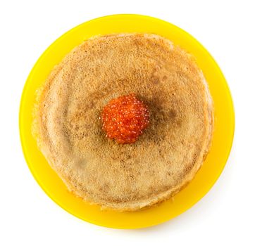 Pancakes with red caviar isolated on white background