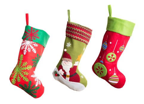 Three Christmas stockings isolated on white background