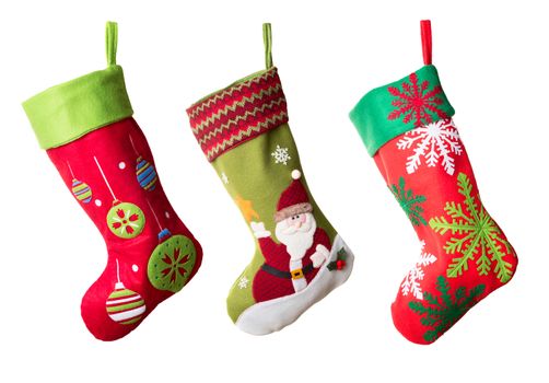 Three Christmas stockings isolated on white background