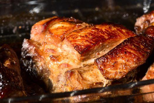 Close up view of a group of delicious cooked marinated ribs