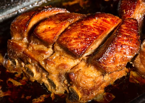 Close up view of a group of delicious cooked marinated ribs