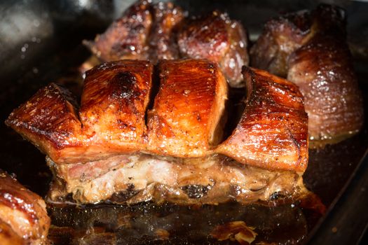 Close up view of a group of delicious cooked marinated ribs