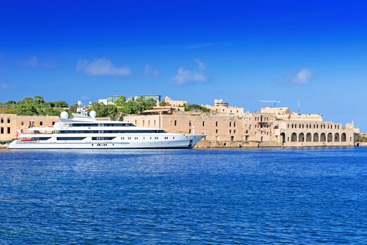 Side view of luxury yacht on the Mediterranean Sea, La Valletta, Malta