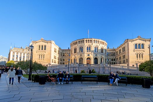 OSLO, NORWAY - OCTOBER 12: Stortinget, Norwegian parliament facade on October 12, 2013 in Oslo, Norway. The building was designed by the Swedish architect Emil Victor Langlet and has been used by legislature since March 5, 1866.