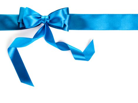 Hand made bow. Blue ribbon isolated on white background