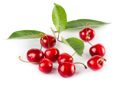 Cherries with leaves isolated on white background