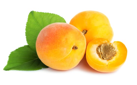 Ripe apricots with leaves isolated on white background
