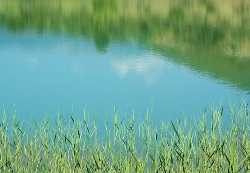 Lake with mountain forest reflection