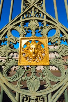 Detail of the gates (1840) with the head of Medusa of Pelagio Palagi of the Royal Palace (Palazzo Reale) in Turin (Torino) Piemonte, Italy