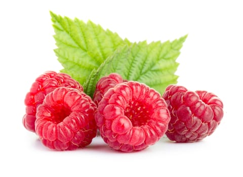 Ripe red raspberries with leaves isolated on white background