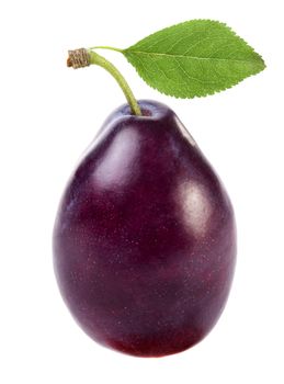 Plum with green leaf isolated on white background