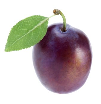 Plum with green leaf isolated on white background