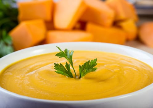 Close up view of pumpkin soup 