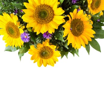 Sunflower bouquet with copy space on white background