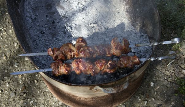  Fried meat shashlik barbecue on coals.