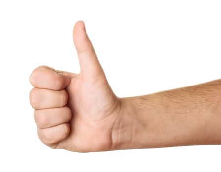 Men's hand make thumbs up isolated on white background