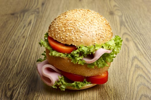 Hamburger on wooden table