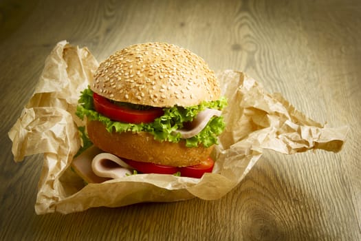 Hamburger on wooden table