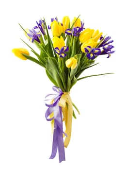 Iris and tulip flower arrangement isolated on white 