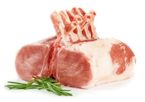 Raw meat with rosemary isolated on white background