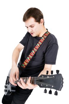 young man with an electric guitar. Isolated on white background