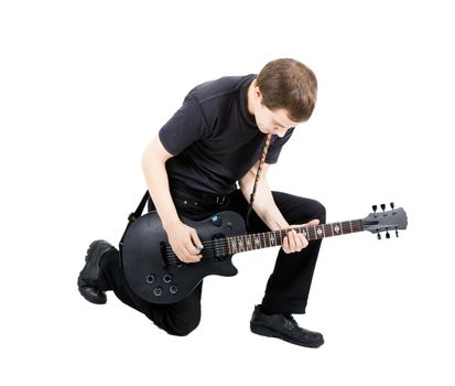 young man with an electric guitar. Isolated on white background
