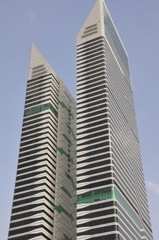 Acico Twin Towers along Sheikh Zayed Road in Dubai, UAE. Nikko Hotel Dubai (JAL Hotel) is the taller tower and Acico Office Tower (Nassima Tower) is shorter.